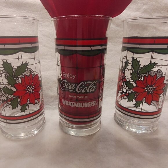 Vintage Coca Cola Christmas Holiday Poinsettia Glasses Set of 3 - Picture 2 of 8